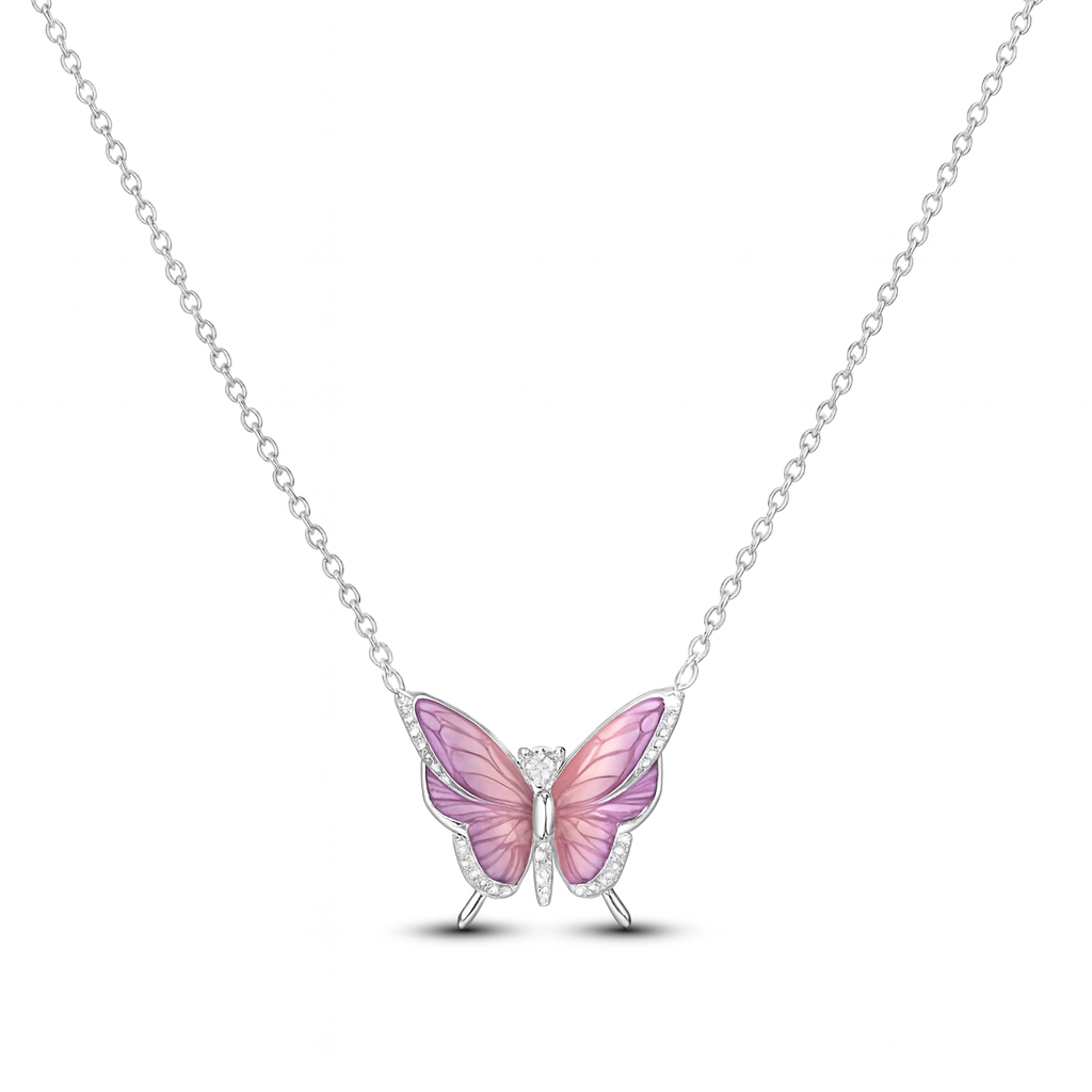 Silver Pink Butterfly Necklace
