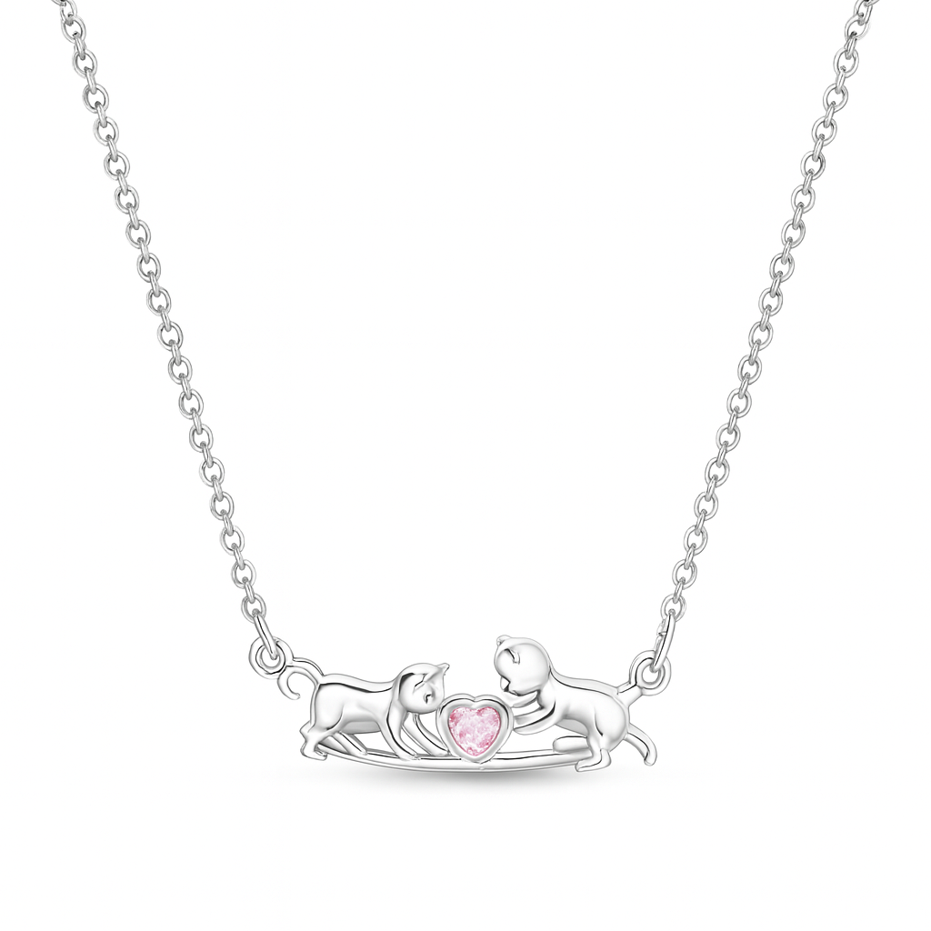 Silver Cat Couple Necklace with Pink Heart Crystal