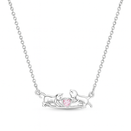 Silver Cat Couple Necklace with Pink Heart Crystal