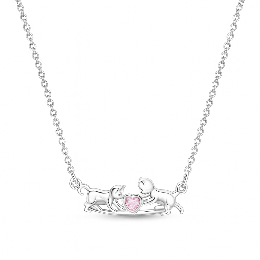 Silver Cat Couple Necklace with Pink Heart Crystal