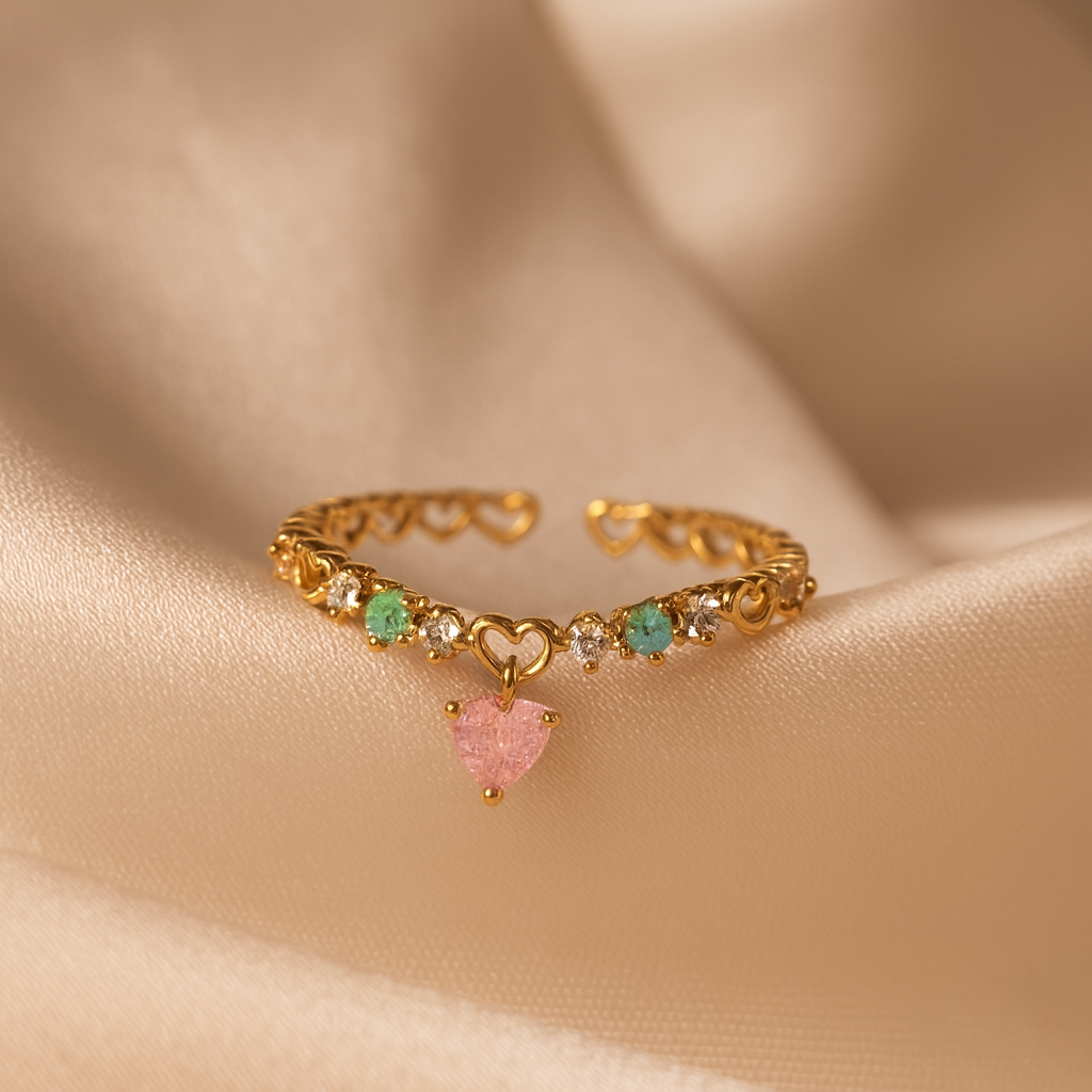 Heart Charm Ring with Green & Pink Accents