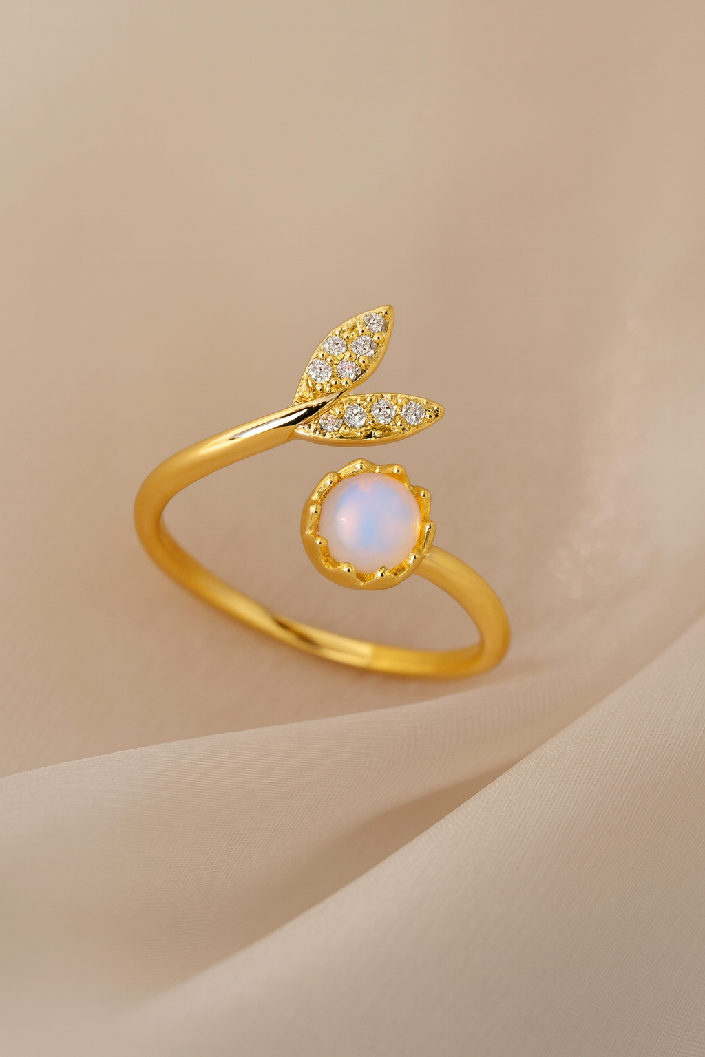 Elegant Leaf & Opal Glow Ring