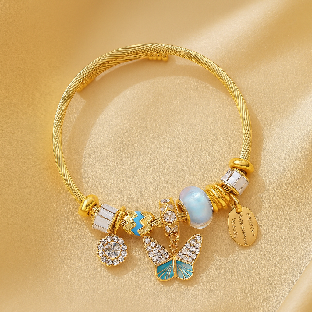Blue Butterfly Charm Gold Bangle Bracelet