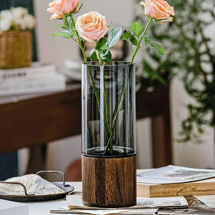 Light Luxury Retro Glass Vase with Wooden Base