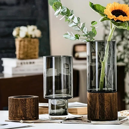 Light Luxury Retro Glass Vase with Wooden Base