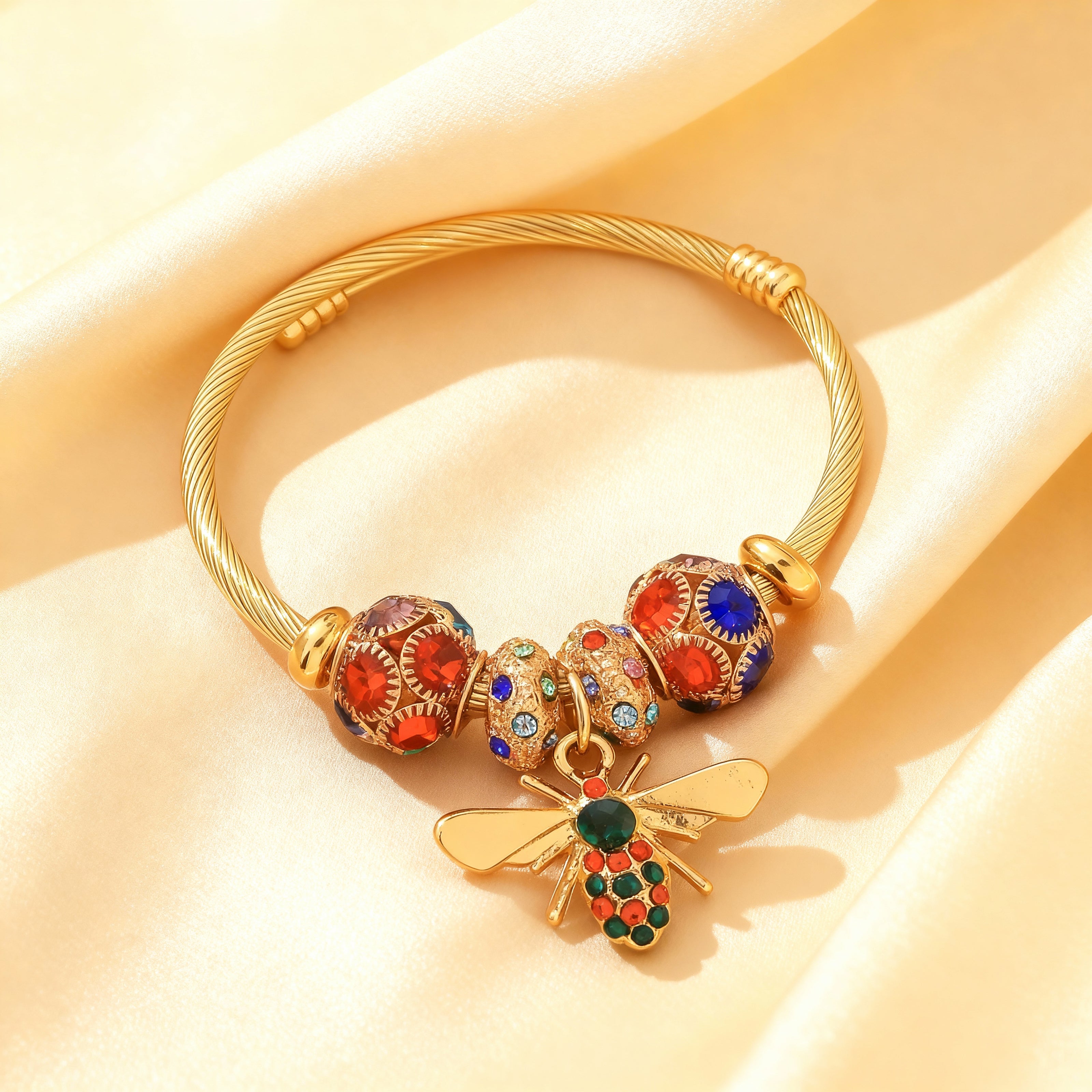 Colorful Bee Charm Gold Bangle Bracelet