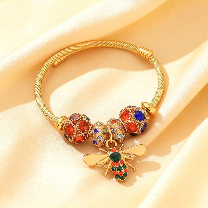 Colorful Bee Charm Gold Bangle Bracelet