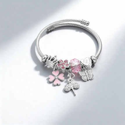 Silver Butterfly & Pink Charm Bangle Bracelet