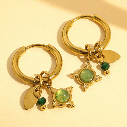 Gold Green Gem Hoop Earrings