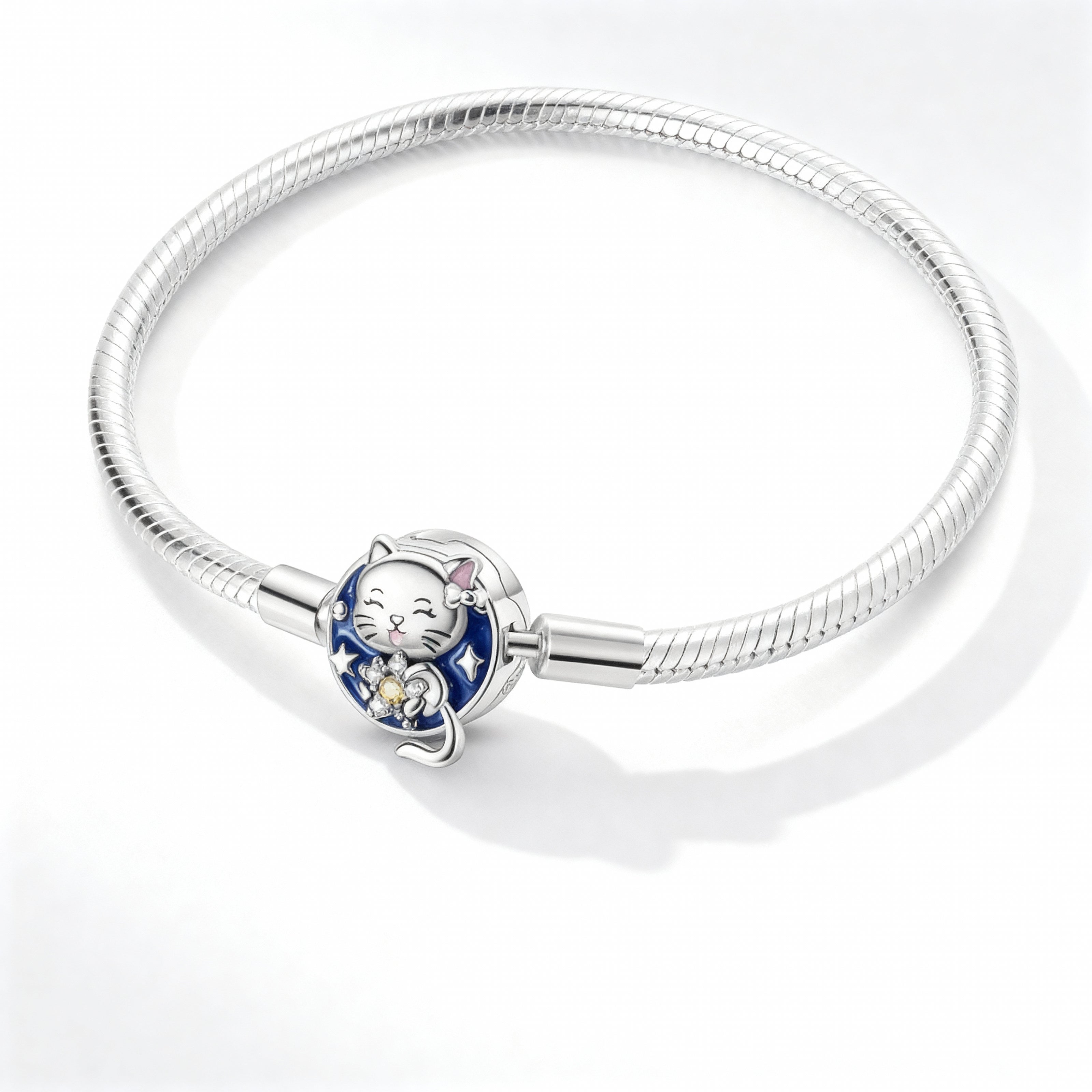 Silver Moon Cat Charm Bracelet