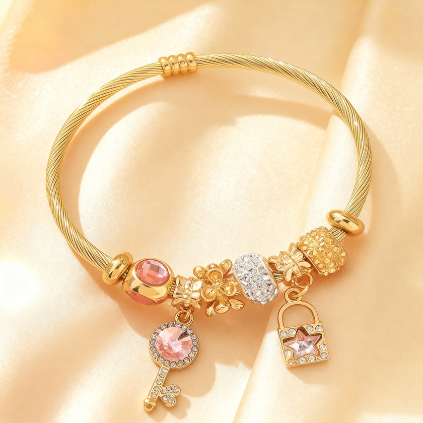 Golden Key & Lock Charm Bangle Bracelet