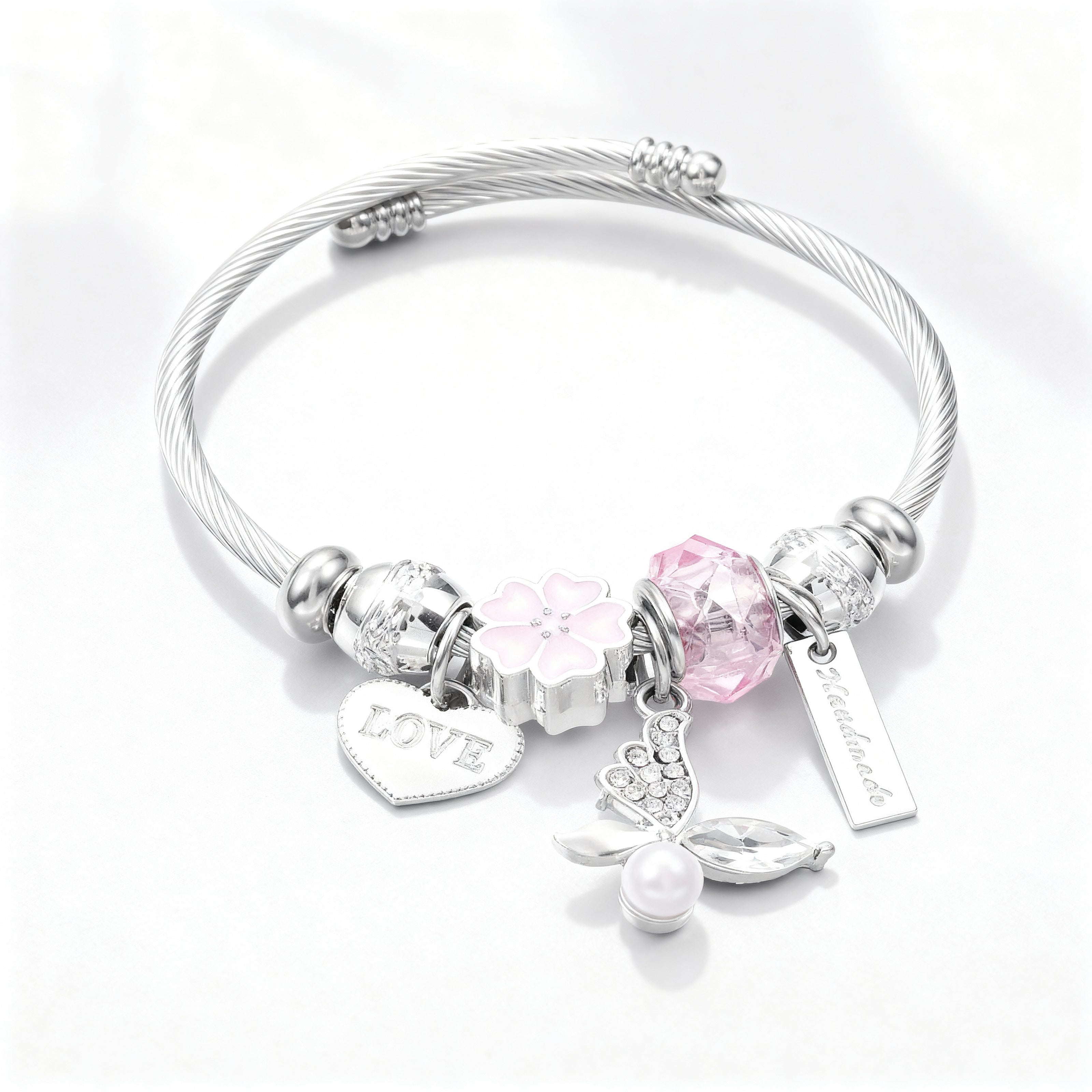 Silver Angel Wing & Love Charm Bangle Bracelet
