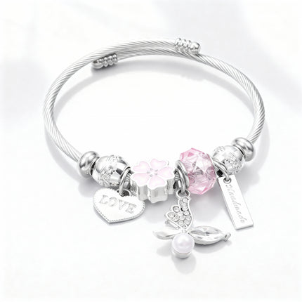 Silver Angel Wing & Love Charm Bangle Bracelet