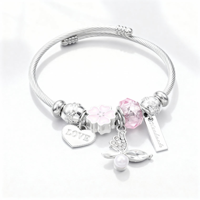 Silver Angel Wing & Love Charm Bangle Bracelet