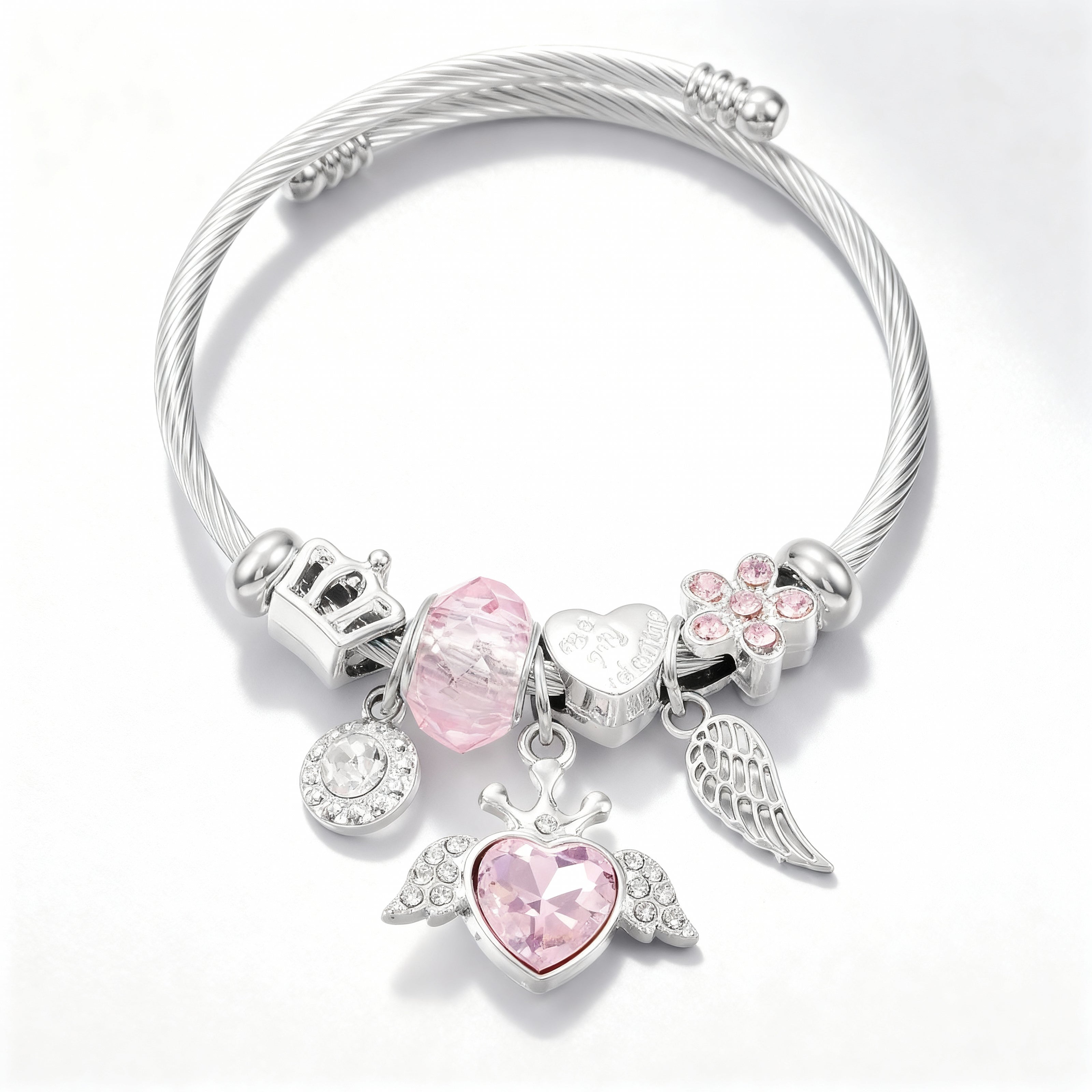 Silver Angel Wing & Pink Heart Charm Bangle Bracelet