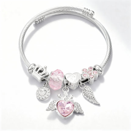Silver Angel Wing & Pink Heart Charm Bangle Bracelet