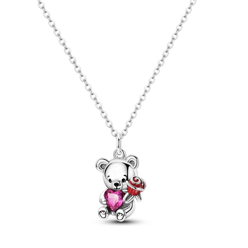 Silver Teddy Bear & Double Heart Necklace